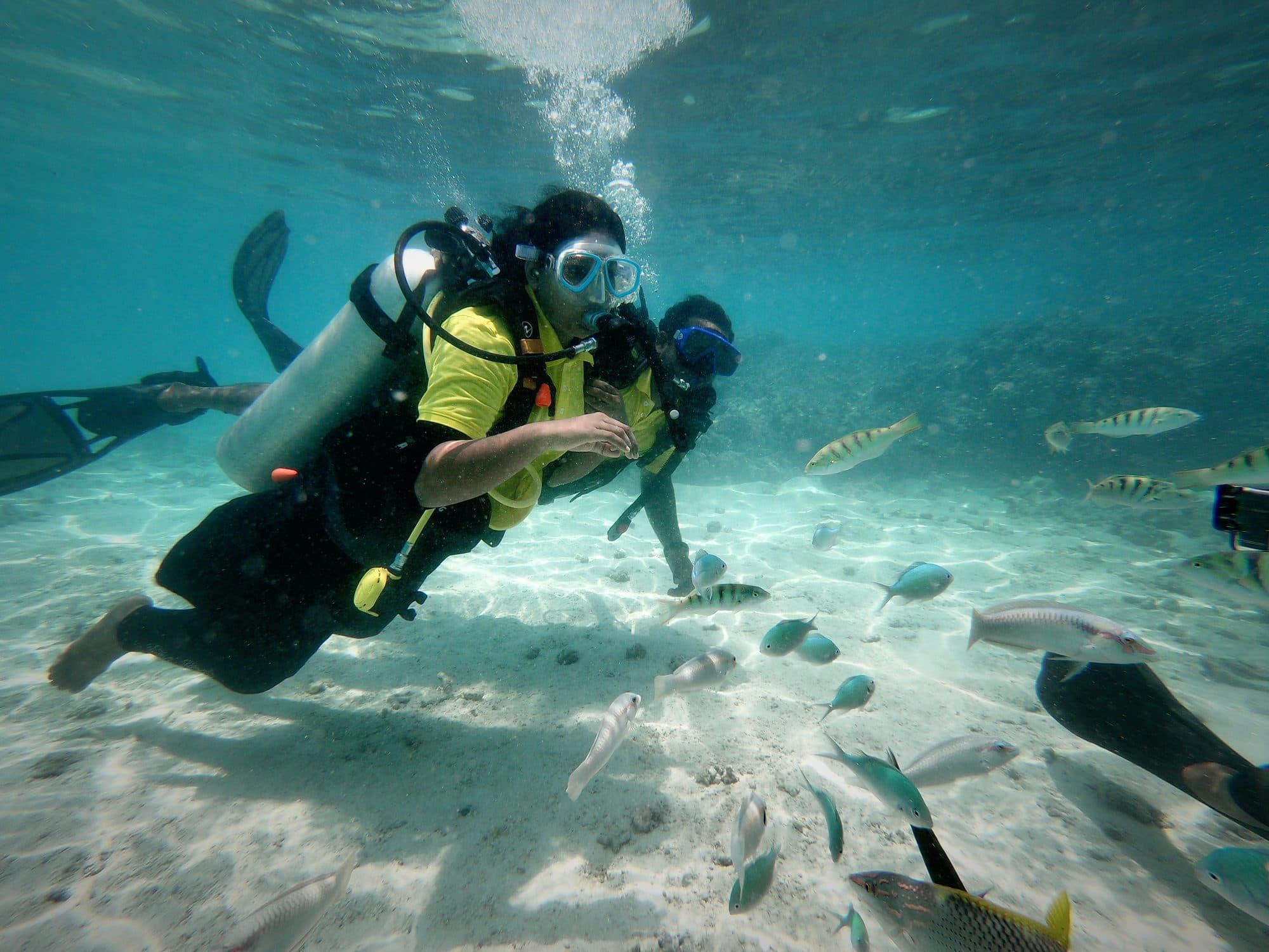 A trainee diver descending alongside an instructor over the reef