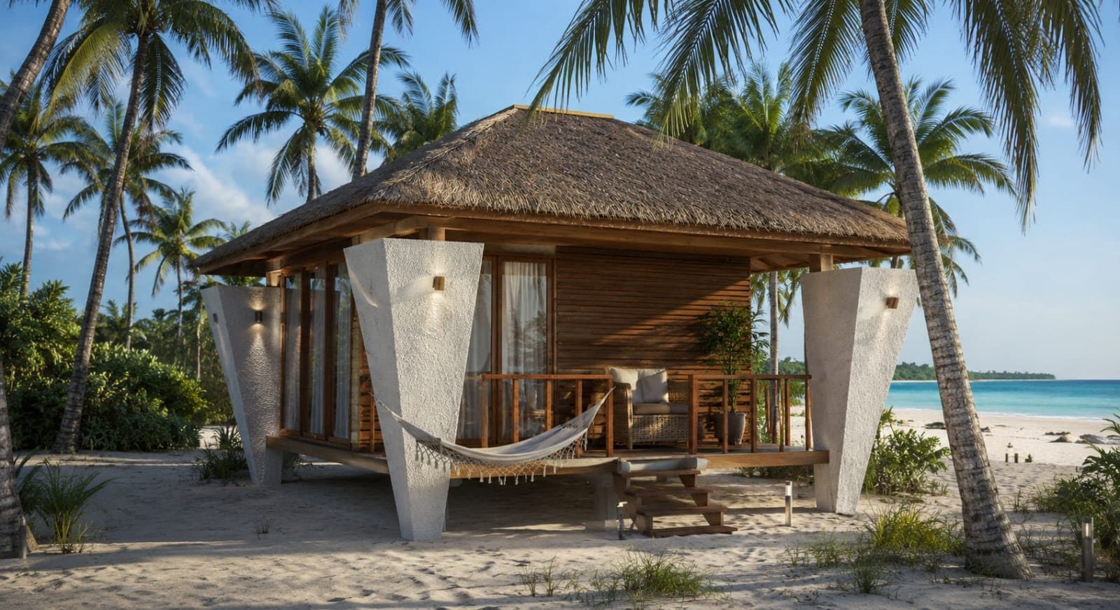 Architect's impression of a thatched, timber beachfront villa among coconut palms beside a turquoise lagoon